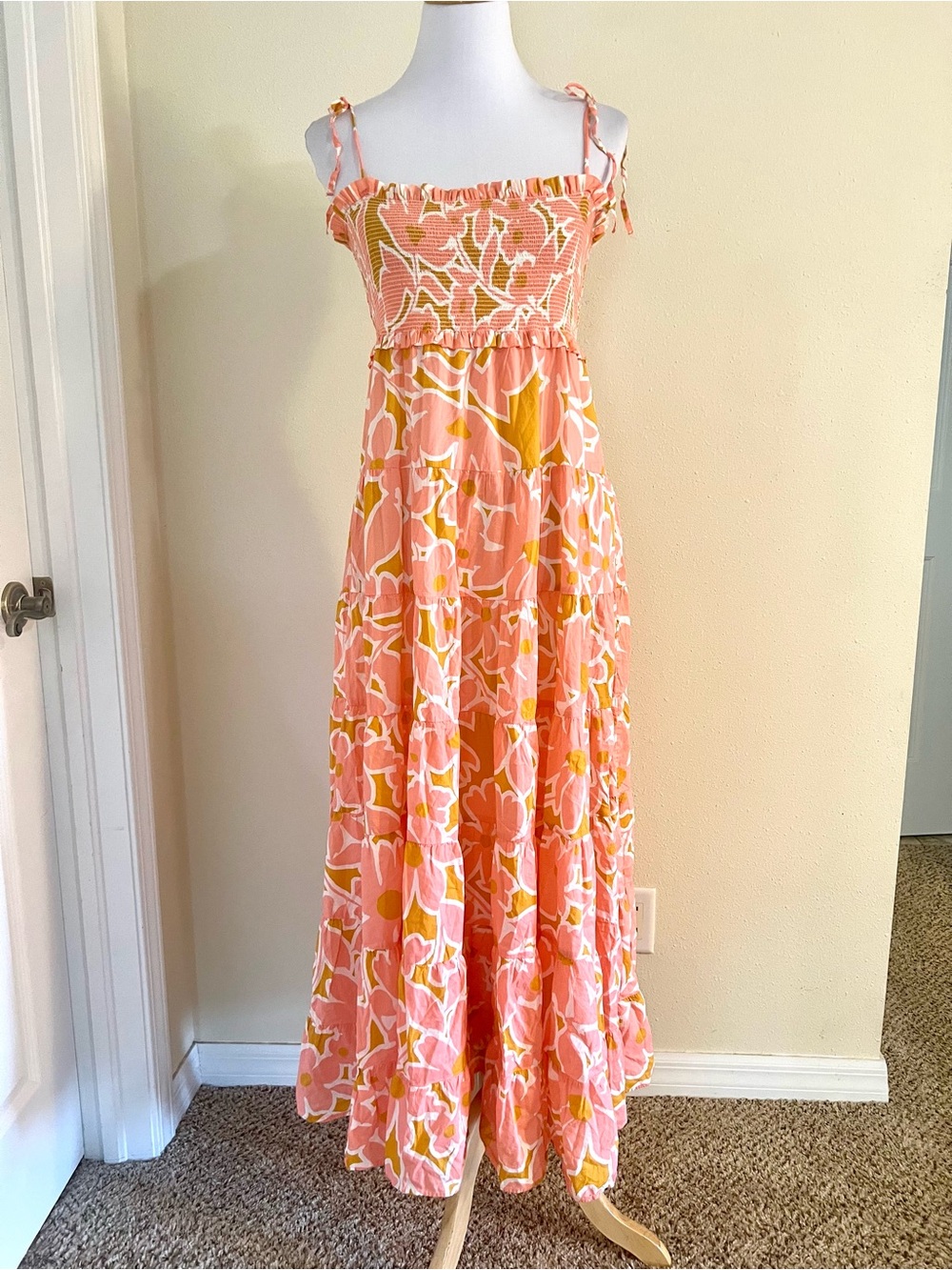 J.Crew Floral Tiered Maxi Dress L Pink Orange Smocked Boho Tie Cottage cotton